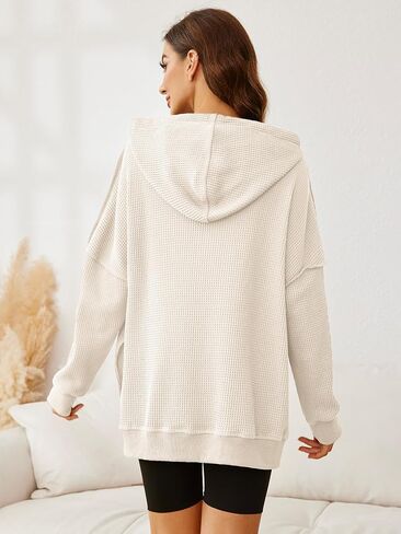 Glamaker Women's Waffle Knit Oversized Hoodies Pullover 2023 Fall Cute Trendy Hooded Sweatshirt Drawstring Casual Outfits in Kuwait