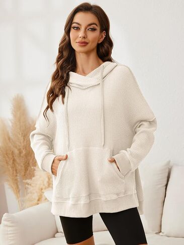 Glamaker Women's Waffle Knit Oversized Hoodies Pullover 2023 Fall Cute Trendy Hooded Sweatshirt Drawstring Casual Outfits in Kuwait