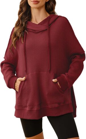 Glamaker Women's Waffle Knit Oversized Hoodies Pullover 2023 Fall Cute Trendy Hooded Sweatshirt Drawstring Casual Outfits in Kuwait