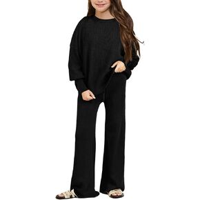 Haloumoning الفتيات 2 قطعة وتتسابق الاطفال طويلة الأكمام Crewneck سترة الرباط واسعة الساق السراويل الطويلة Sweatsuits مجموعات 5-14T