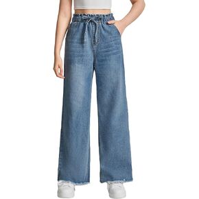 Floerns Girl's Denim Raw Hem Paperbag Waist Light Wash Slant Pocket Wide Leg Pants