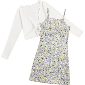 OYOANGLE Girl's 2 Piece Outfits Ditsy Floral Print Straight Short Cami Dress and Mesh Long Sleeve Tie Front Tops Sets in Saudi Arabia