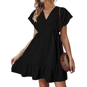 Dokotoo Womens Dresses Short Sleeve V Neck Drawstring Casual Ruffle A-Line Swing Mini Babydoll Dress