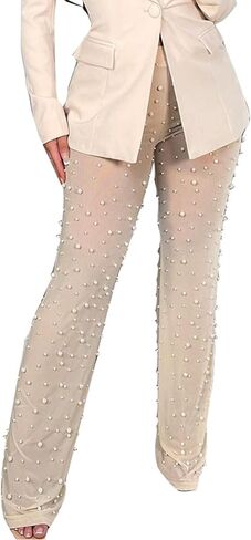 XZLUFNY Women Mesh Sheer See Through Bead Pants Elastic High Waist Flare Long Legging Trouser in Saudi Arabia