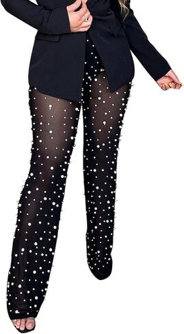 XZLUFNY Women Mesh Sheer See Through Bead Pants Elastic High Waist Flare Long Legging Trouser in Saudi Arabia