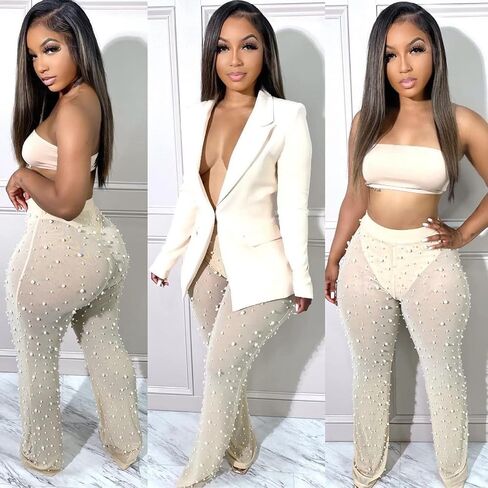 XZLUFNY Women Mesh Sheer See Through Bead Pants Elastic High Waist Flare Long Legging Trouser in Saudi Arabia