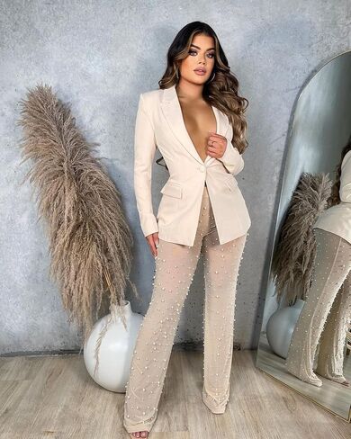 XZLUFNY Women Mesh Sheer See Through Bead Pants Elastic High Waist Flare Long Legging Trouser in Saudi Arabia