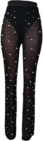 XZLUFNY Women Mesh Sheer See Through Bead Pants Elastic High Waist Flare Long Legging Trouser in Saudi Arabia
