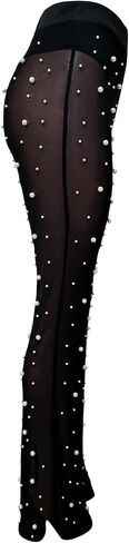 XZLUFNY Women Mesh Sheer See Through Bead Pants Elastic High Waist Flare Long Legging Trouser in Saudi Arabia