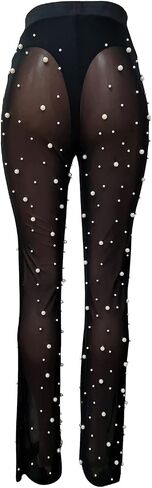 XZLUFNY Women Mesh Sheer See Through Bead Pants Elastic High Waist Flare Long Legging Trouser in Saudi Arabia