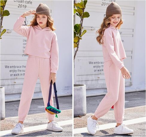 Arshiner الفتيات 2 قطعة الزي الهراء متماسكة البلوز مقنعين البلوز و Sweatpants مجموعة ملابس رياضية طويلة الأكمام in Saudi Arabia