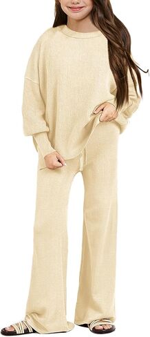 Haloumoning الفتيات 2 قطعة وتتسابق الاطفال طويلة الأكمام Crewneck سترة الرباط واسعة الساق السراويل الطويلة Sweatsuits مجموعات 5-14T in Kuwait
