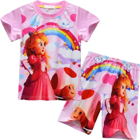 BFBYFDM الأميرة الخوخ الفتيات الصيف مجموعة تي شيرتات قصيرة للأطفال ملابس لطيف طفل تي شيرت وسروال سوبر مجموعة ملابس الاطفال تي شيرت in Kuwait
