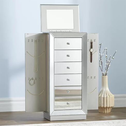 Hives and Honey Mika Mirrored Jewelry Armoire Cabinet Storage Box Chest Wood Silver Finish Stand Organizer Wood with Side Drawers in Kuwait