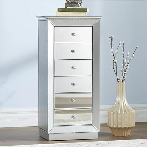 Hives and Honey Mika Mirrored Jewelry Armoire Cabinet Storage Box Chest Wood Silver Finish Stand Organizer Wood with Side Drawers in Kuwait