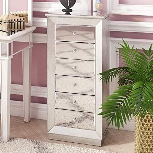 Hives and Honey Mika Mirrored Jewelry Armoire Cabinet Storage Box Chest Wood Silver Finish Stand Organizer Wood with Side Drawers in Kuwait