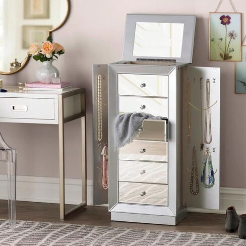 Hives and Honey Mika Mirrored Jewelry Armoire Cabinet Storage Box Chest Wood Silver Finish Stand Organizer Wood with Side Drawers in Kuwait