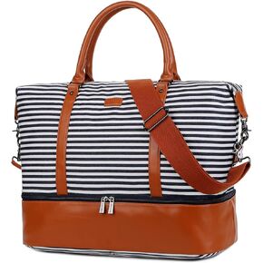 باوشا شنطة يد كبيرة توت قماشية للسفر وعطلة نهاية الاسبوع للنساء من اتش بي-28 (شرائط زرقاء مع جيب للحذاء)، ازرق، 16 × 12 × 8 انش، عصرية/ملائمة, أزرق, 16 x 12 x 8 inch in Kuwait