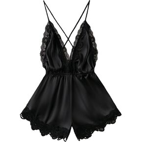 WDIRARA Women's 2023 Satin Teddy Lingerie Lace Deep V Backless Sleeveless Romper Sleepwear in Kuwait