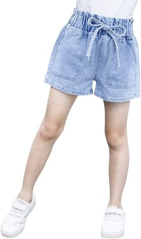 BIUXIAOBAI Girls' Stretch High Waisted Jeans Denim Shorts with Drawstring in Saudi Arabia