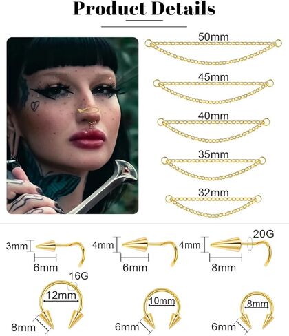 revolia الجراحية الصلب الأنف سلسلة ثقب عبر الأنف للنساء الرجال طويل سبايك الأنف الدائري مسمار مزدوج الأنف ثقب سبايك الحاجز خواتم الأنف ثقب المجوهرات in Kuwait