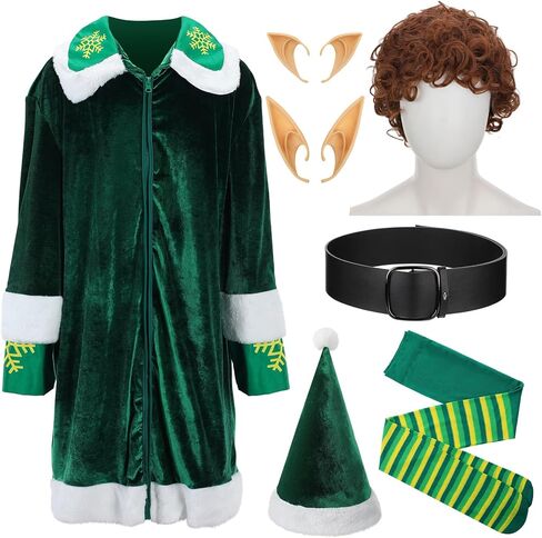 Hoosige Elf Costume for Men 7 Pcs Christmas Velvet Elf Suit Santa's Helper Costume Xmas Elf Outfit for Holiday Party Cosplay in Kuwait