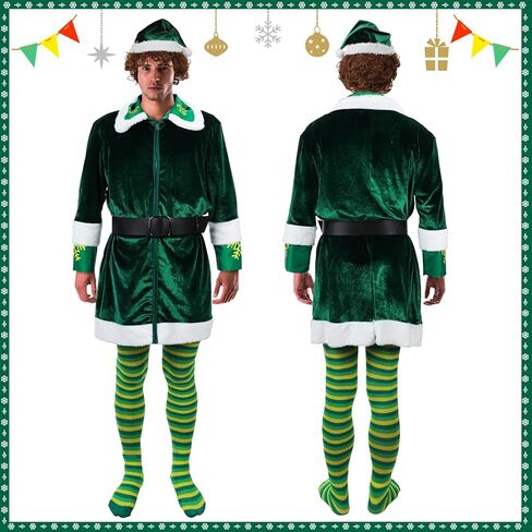 Hoosige Elf Costume for Men 7 Pcs Christmas Velvet Elf Suit Santa's Helper Costume Xmas Elf Outfit for Holiday Party Cosplay in Kuwait