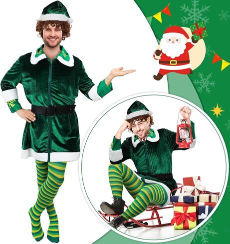Hoosige Elf Costume for Men 7 Pcs Christmas Velvet Elf Suit Santa's Helper Costume Xmas Elf Outfit for Holiday Party Cosplay in Kuwait