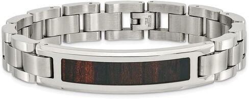 Jewels By Lux Polished Engravable Personalized Custom Stainless Steel Polished Enameled Black Koa Wood Link ID Bracelet For Men Length 8.5 inches Width 12 mm With Fold Over Clasp in Saudi Arabia