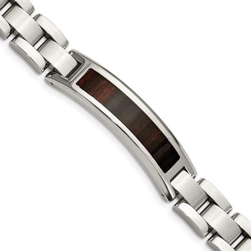 Jewels By Lux Polished Engravable Personalized Custom Stainless Steel Polished Enameled Black Koa Wood Link ID Bracelet For Men Length 8.5 inches Width 12 mm With Fold Over Clasp in Saudi Arabia
