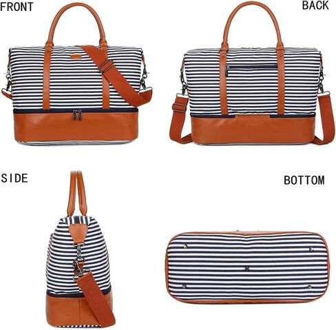 باوشا شنطة يد كبيرة توت قماشية للسفر وعطلة نهاية الاسبوع للنساء من اتش بي-28 (شرائط زرقاء مع جيب للحذاء)، ازرق، 16 × 12 × 8 انش، عصرية/ملائمة, أزرق, 16 x 12 x 8 inch in Kuwait