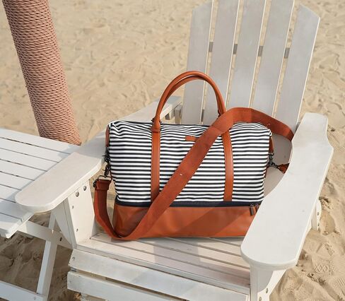 باوشا شنطة يد كبيرة توت قماشية للسفر وعطلة نهاية الاسبوع للنساء من اتش بي-28 (شرائط زرقاء مع جيب للحذاء)، ازرق، 16 × 12 × 8 انش، عصرية/ملائمة, أزرق, 16 x 12 x 8 inch in Kuwait