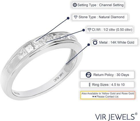 VIR JEWELS 1/2 قيراط (ctw) خاتم ألماس لذكرى الزفاف للنساء، خاتم خطوبة من الألماس المربع نصف الأبدي من الذهب الأبيض عيار 14 قيراط مكون من 7 أحجار 0.50 قيراط، مقاس 4.5-10 in Kuwait
