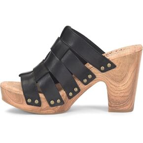 KORK-EASE Devan Women's Heeled Sandal – Hand-Burnished Woven Leather with Antiqued Rivets & Woodgrain Heel
