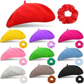 Xaatren 10 Set Wool Beret French Beret Artist Hat Pumpkin Beret Solid Color Beret with Satin Hair Scrunchies Simple Beret Cap Fall Winter Beret Hats for Women Girl Christmas Birthday New Year Supplies in Kuwait