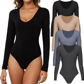 TYCTOS Womens 4/5 Pack V Neck Bodysuit Daily Casual Womens Long Sleeve Bodysuit Stretch Basic Body Suit Tops