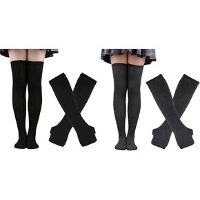 ZXOLDZX 4 أزواج من قفازات تدفئة الذراع النسائية المخططة Goth Y2K المحبوكة بدون أصابع مع مجموعة جوارب طويلة للركبة
