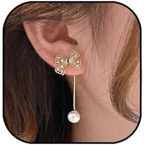 القوس أقراط اللؤلؤ للنساء كريستال القوس الأقراط 14K الذهب Bowknot استرخى انخفاض القرط لذيذ بيان اللؤلؤ القرط مجوهرات هدايا للفتيات