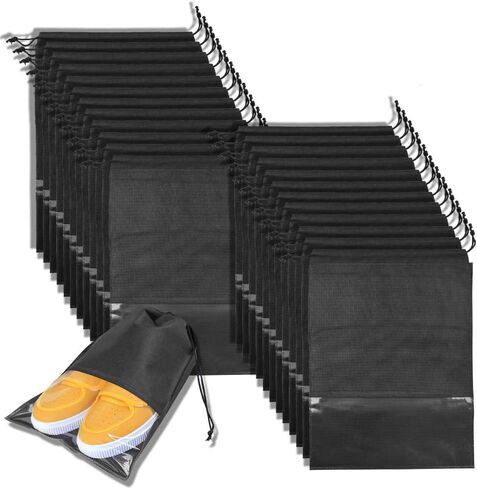 24 قطعة من حقائب أحذية السفر المقاومة للماء غير المنسوجة التخزين مع حبل للرجال والنساء حقيبة كبيرة للتعبئة والتعبئة ، أسود in Kuwait