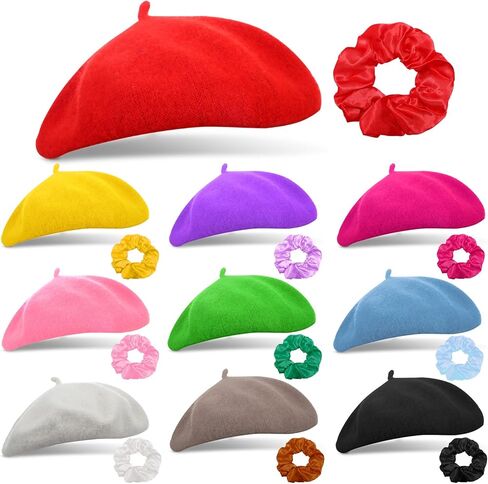 xaatren 10 مجموعة من الصوف القبعات الفرنسية قبعة الفنان قبعة اليقطين قبعة بلون مع الساتان الشعر scrunchies قبعة بسيطة قبعة الخريف الشتاء القبعات للنساء فتاة عيد الميلاد عيد ميلاد السنة الجديدة اللوازم in Kuwait