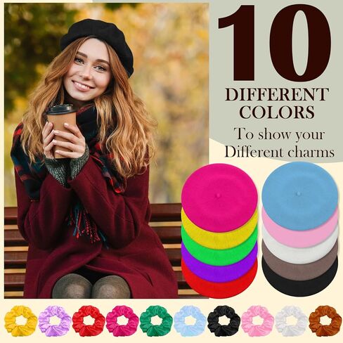 xaatren 10 مجموعة من الصوف القبعات الفرنسية قبعة الفنان قبعة اليقطين قبعة بلون مع الساتان الشعر scrunchies قبعة بسيطة قبعة الخريف الشتاء القبعات للنساء فتاة عيد الميلاد عيد ميلاد السنة الجديدة اللوازم in Kuwait