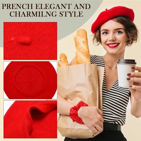 xaatren 10 مجموعة من الصوف القبعات الفرنسية قبعة الفنان قبعة اليقطين قبعة بلون مع الساتان الشعر scrunchies قبعة بسيطة قبعة الخريف الشتاء القبعات للنساء فتاة عيد الميلاد عيد ميلاد السنة الجديدة اللوازم in Kuwait