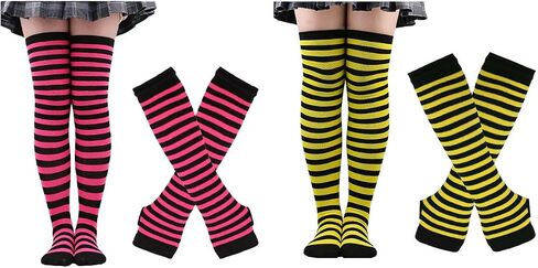 ZXOLDZX 4 أزواج من قفازات تدفئة الذراع النسائية المخططة Goth Y2K المحبوكة بدون أصابع مع مجموعة جوارب طويلة للركبة in Saudi Arabia