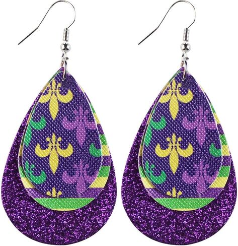 Colorful Mardi Gras Carnival Leaf Shape Leather Dangle Earrings Layered Shining Mardi Gras Theme Teardrop Earrings for Women Girls Jewelry in Kuwait