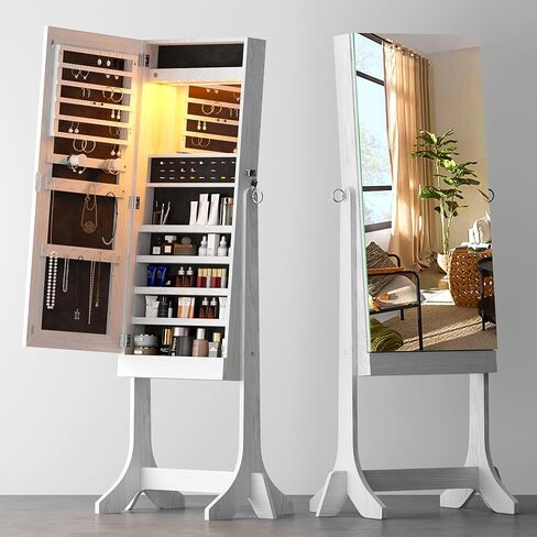 خزانة مجوهرات SogesHome مع مرآة، خزانة مجوهرات قائمة بذاتها وحامل مجوهرات وخزانة تخزين منظمة مع ضوء LED داخلي، وتخزين الملابس بمرآة لغرفة النوم وغرفة المعيشة in Kuwait