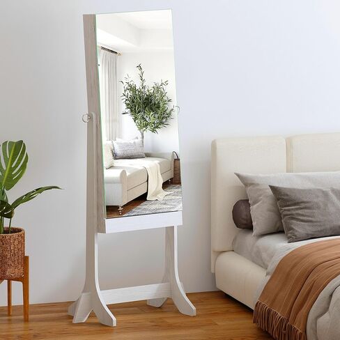 خزانة مجوهرات SogesHome مع مرآة، خزانة مجوهرات قائمة بذاتها وحامل مجوهرات وخزانة تخزين منظمة مع ضوء LED داخلي، وتخزين الملابس بمرآة لغرفة النوم وغرفة المعيشة in Kuwait