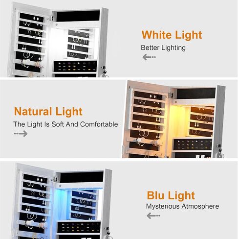 خزانة مجوهرات SogesHome مع مرآة، خزانة مجوهرات قائمة بذاتها وحامل مجوهرات وخزانة تخزين منظمة مع ضوء LED داخلي، وتخزين الملابس بمرآة لغرفة النوم وغرفة المعيشة in Kuwait