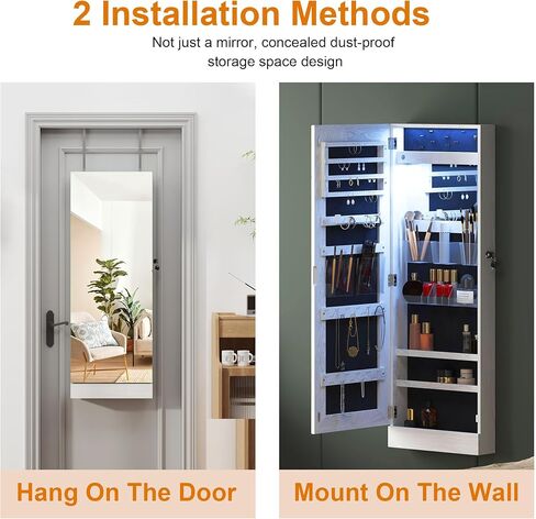 خزانة مجوهرات SogesHome مع مرآة، خزانة مجوهرات قائمة بذاتها وحامل مجوهرات وخزانة تخزين منظمة مع ضوء LED داخلي، وتخزين الملابس بمرآة لغرفة النوم وغرفة المعيشة in Kuwait