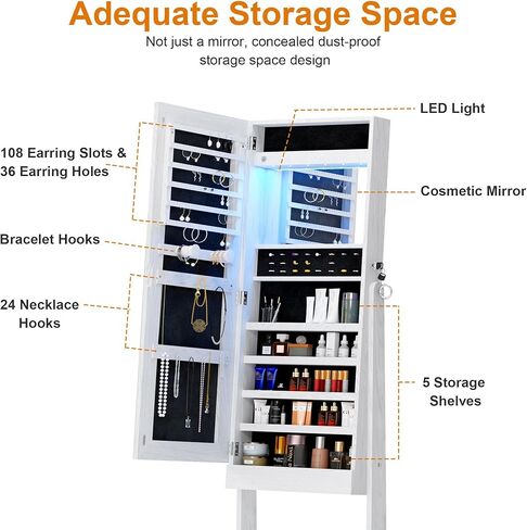 خزانة مجوهرات SogesHome مع مرآة، خزانة مجوهرات قائمة بذاتها وحامل مجوهرات وخزانة تخزين منظمة مع ضوء LED داخلي، وتخزين الملابس بمرآة لغرفة النوم وغرفة المعيشة in Kuwait