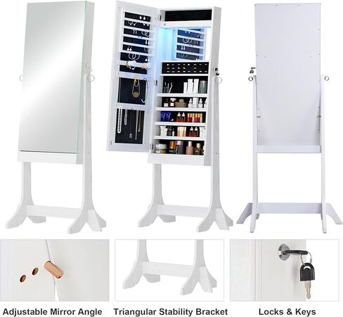 خزانة مجوهرات SogesHome مع مرآة، خزانة مجوهرات قائمة بذاتها وحامل مجوهرات وخزانة تخزين منظمة مع ضوء LED داخلي، وتخزين الملابس بمرآة لغرفة النوم وغرفة المعيشة in Kuwait